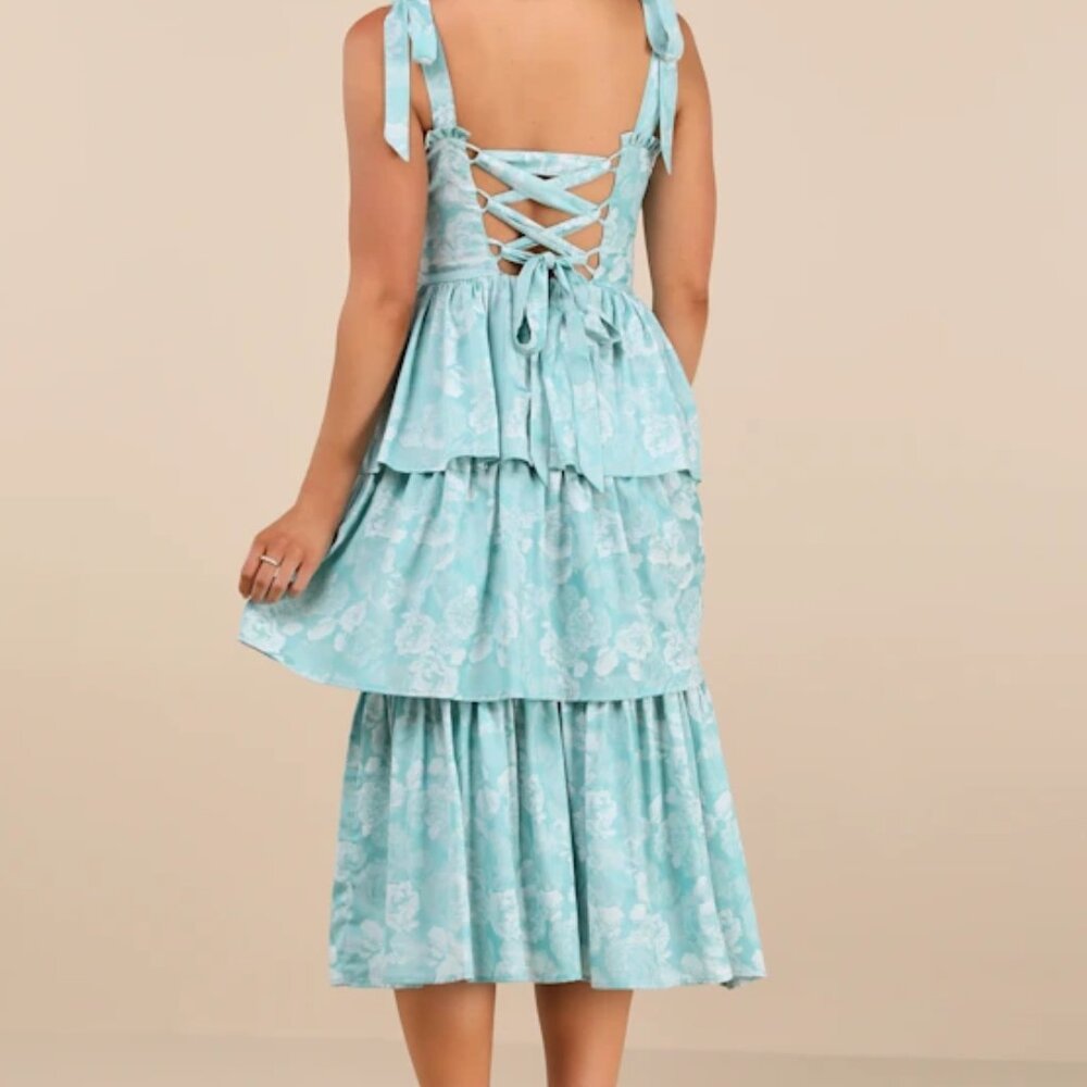 Lulus | Lovely Bliss Aqua Floral Jacquard Strapless Bustier Midi Dress Blue - Picture 8 of 10